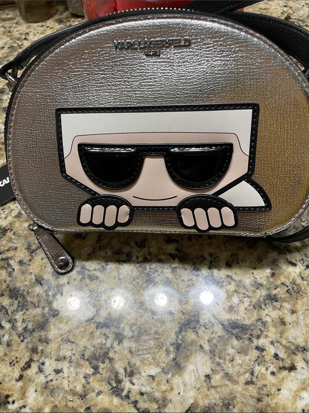 Karl Lagerfeld Silver Crossbody Belt Bag with Pink & Black Character Motif NWT